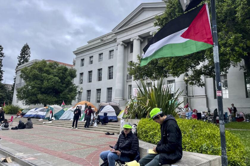 Manifestantes propalestinos reunidos en el campus de la Universidad de California en Berkeley, el martes 23 de abril de 2024. (AP Foto/Haven Daley)