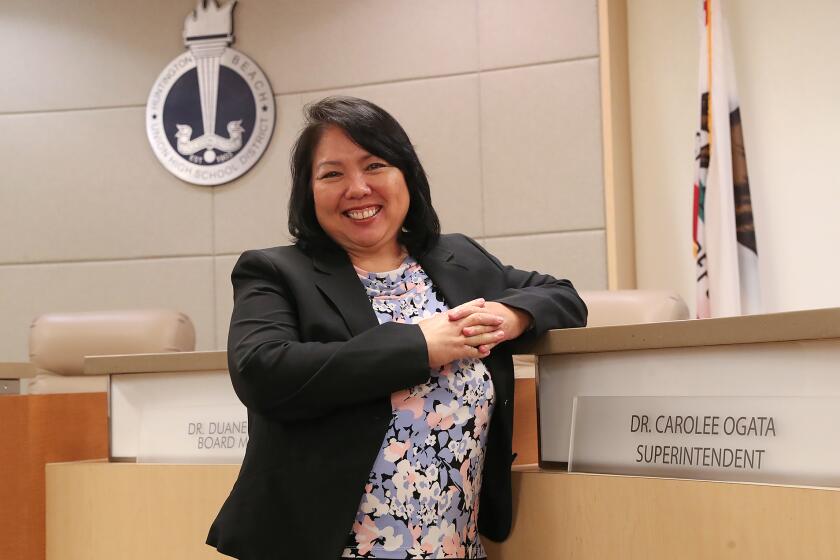 Dr. Carolee Ogata is the new superintendent of the Huntington Beach Union High School District. She stands at the district offices on Thursday Aug 29th, 2024.