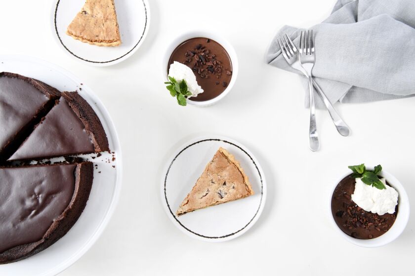 LOS ANGELES, CA - FEBRUARY 03: Chocolate Chunk-Hazelnut Tart, Simple Jaffa Cake, Fresh Mint and Chocolate Pudding in studio on Wednesday, Feb. 3, 2021 in Los Angeles, CA. (Mariah Tauger / Los Angeles Times)