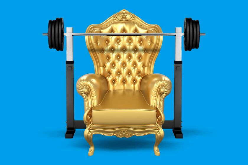 photo illustration of a gold throne-like chair with weights and a barbell rack.
