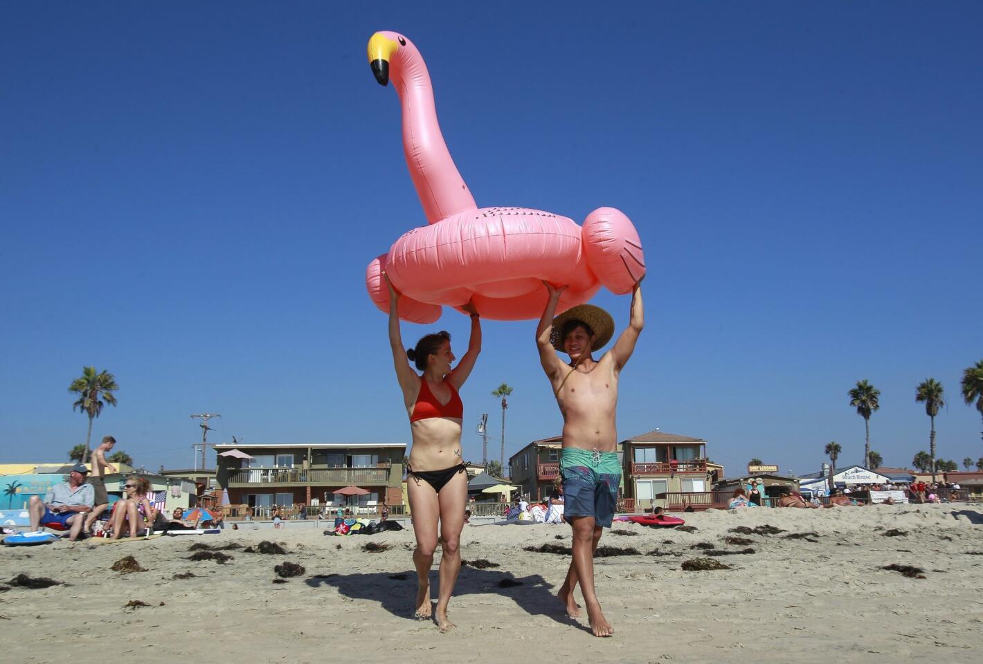 Ryan Field and Carly Topazio carry an inflatable pink flamingo toward the ocean to ride the surf on it at Pacific Beach.