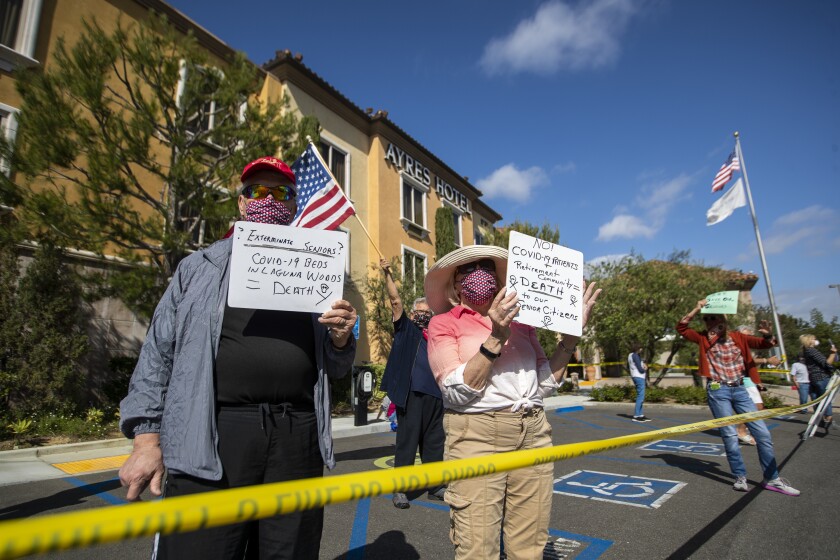 Seniors protest after learning that the nearby Ayers Hotel will be used to house homeless coronavirus patients in Laguna Woods. Unlike other cities, where opposition from elected officials, hotel owners and the public have stifled plans for homeless housing, all the major players in Los Angeles County are on board.
