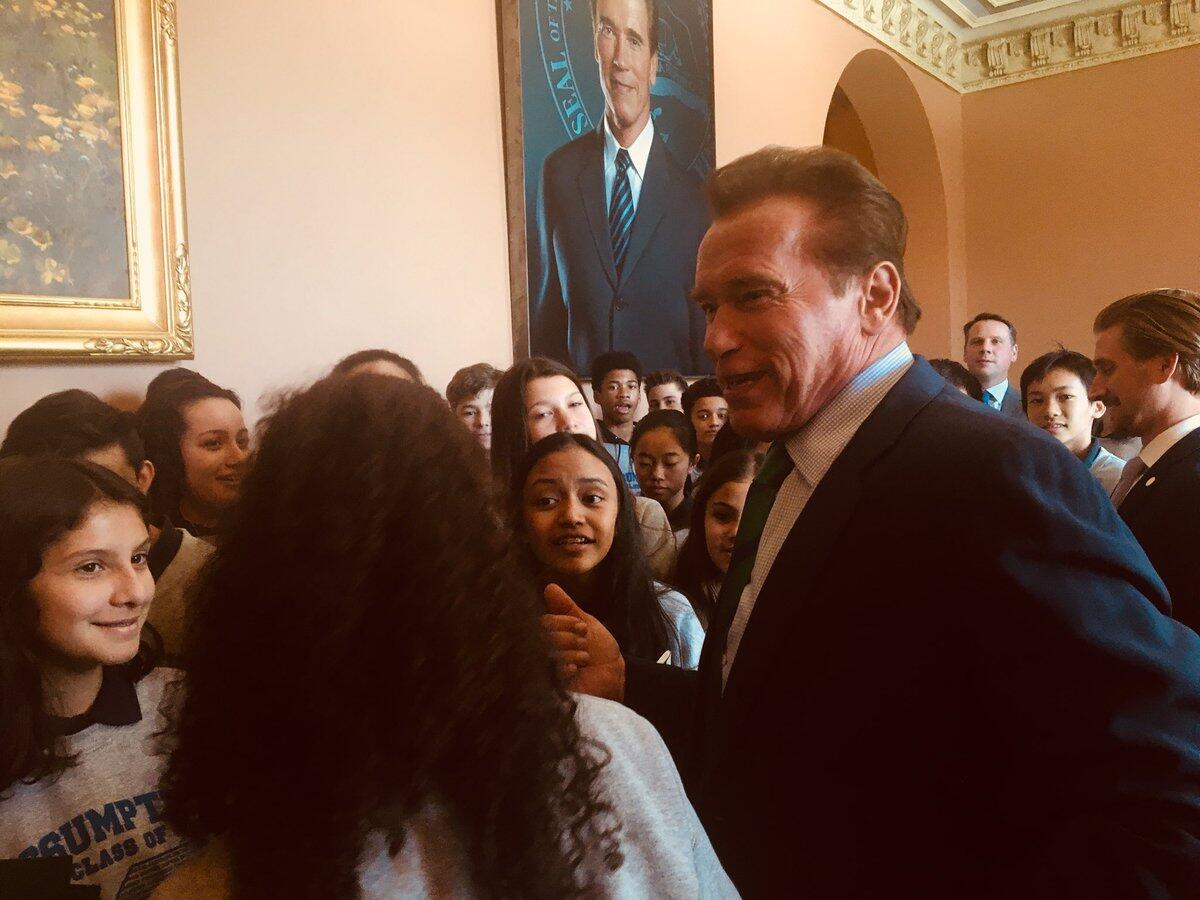 Former Gov. Arnold Schwarzenegger in the state Capitol on Thursday, Feb. 8