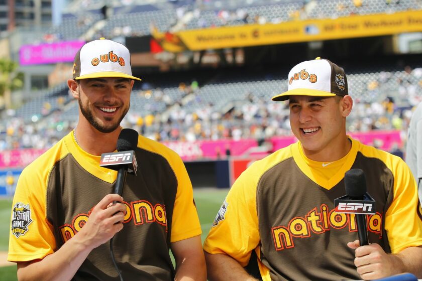 Cubs Kris Bryant and Anthony Rizzo do an interview at the All-Star Game practice at Petco Park.