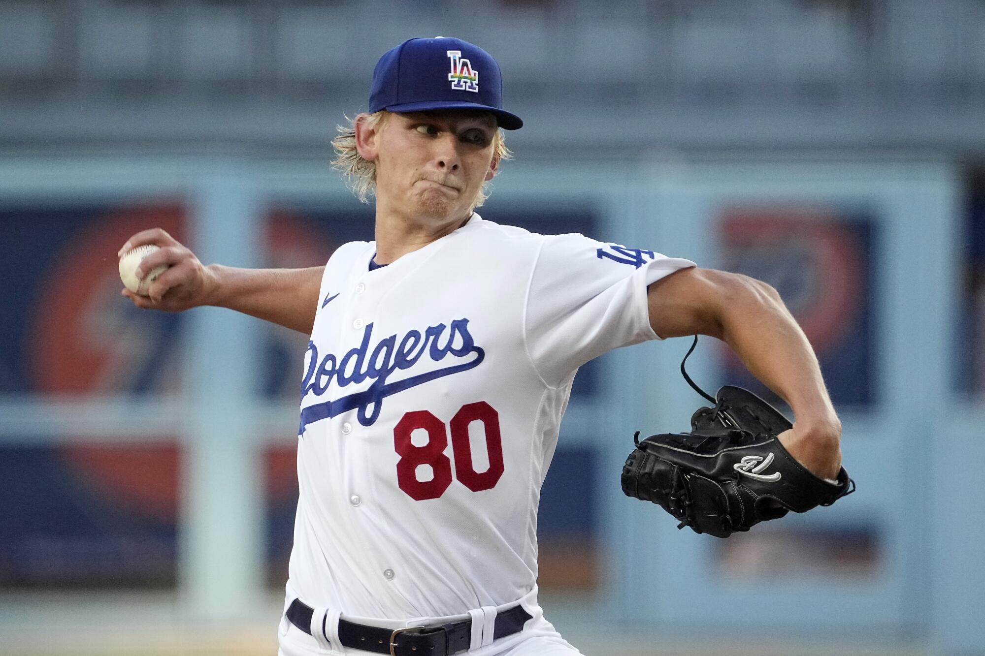 Dodgers starting pitcher Emmet Sheehan delivers during the first inning against the San Francisco Giants.