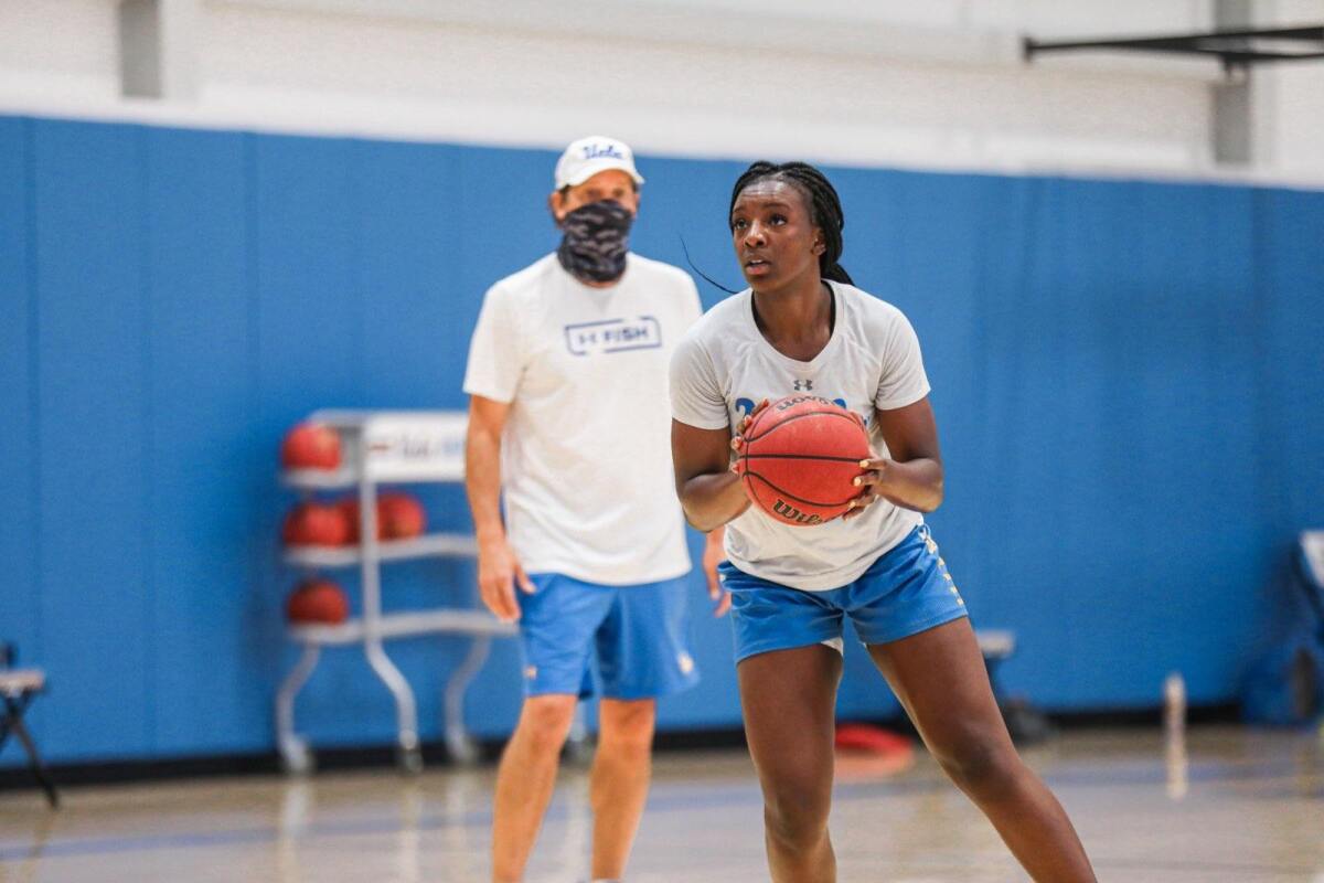 Senior forward Michaela Onyenwere takes part in UCLA basketball's first fall practice Wednesday at the Mo Ostin Center.
