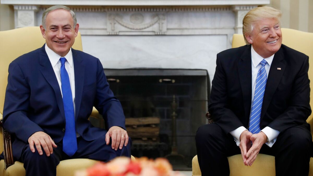 President Trump and Israeli Prime Minister Benjamin Netanyahu meet in the Oval Office of the White House in Washington on Feb. 15, 2017.