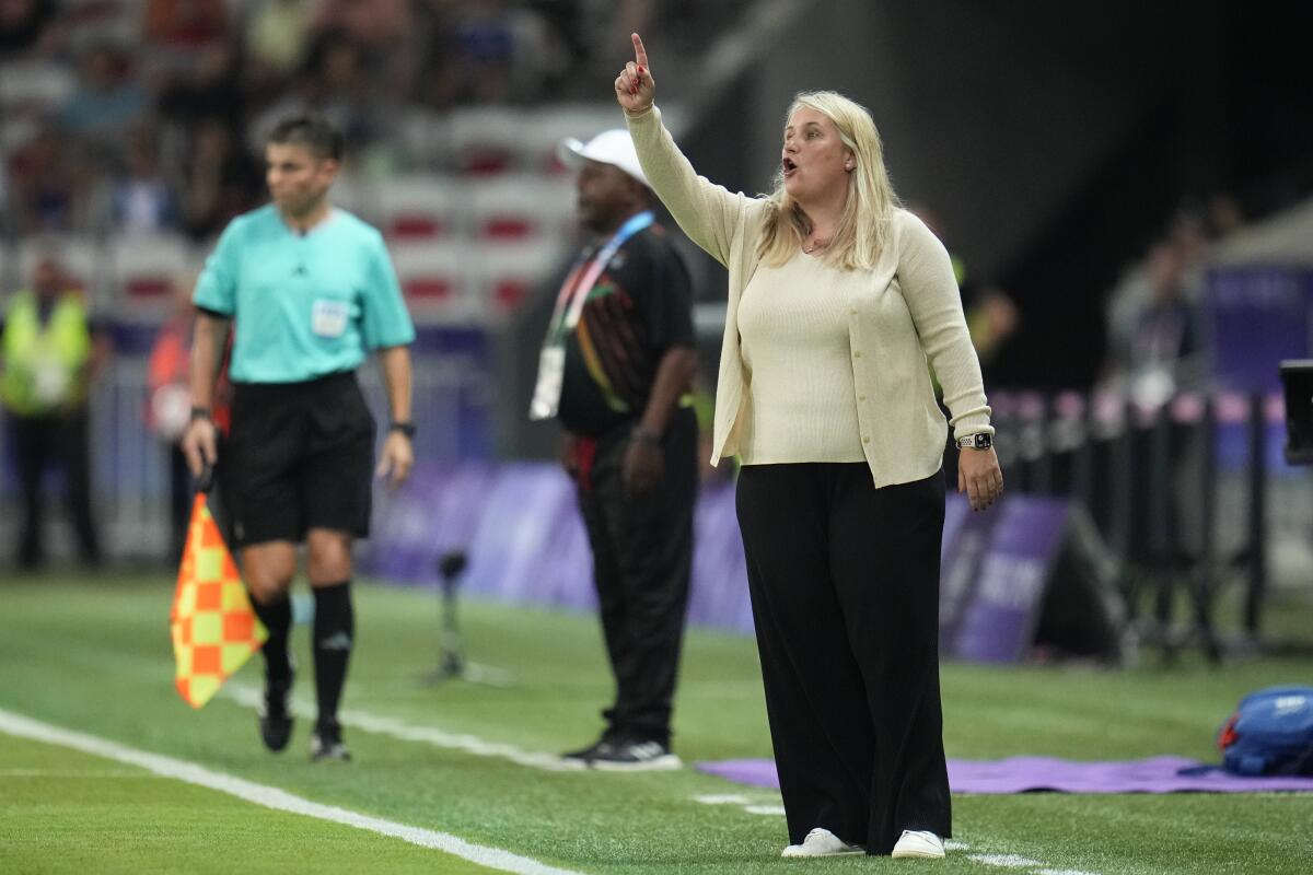 U.S. coach Emma Hayes gives instructions to her team during a win over Zambia in Nice Thursday. 