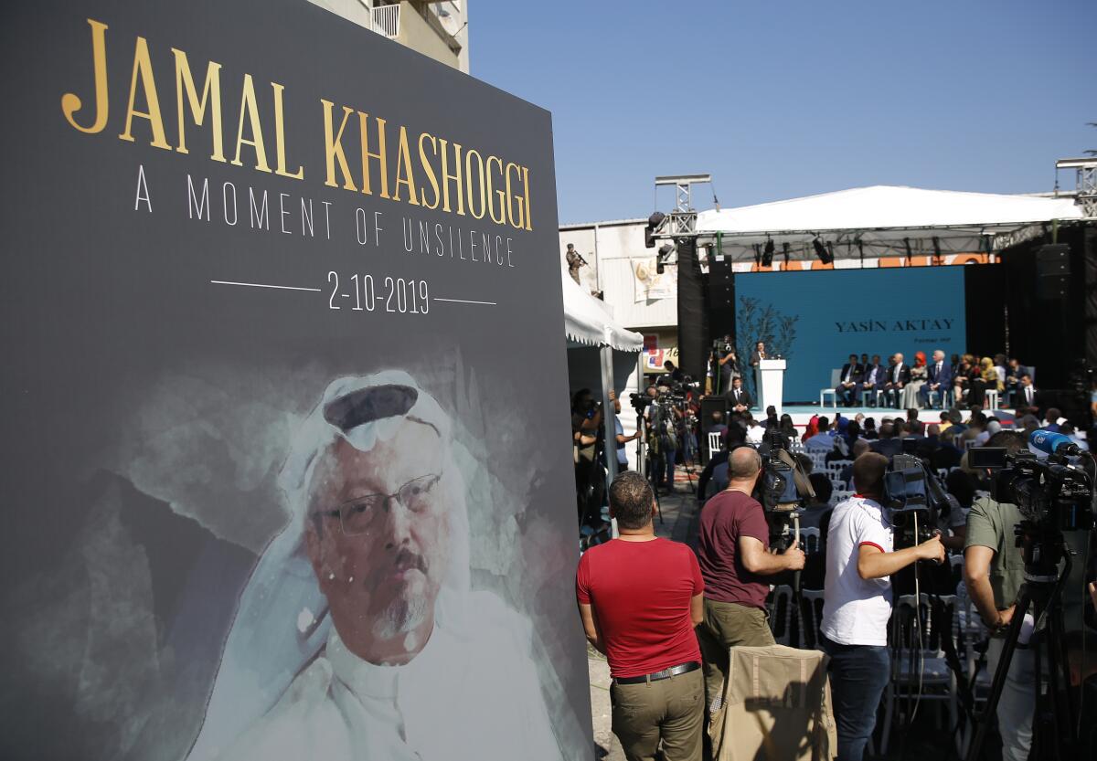 A picture of Jamal Khashoggi is displayed during a ceremony marking the first anniversary of his death.