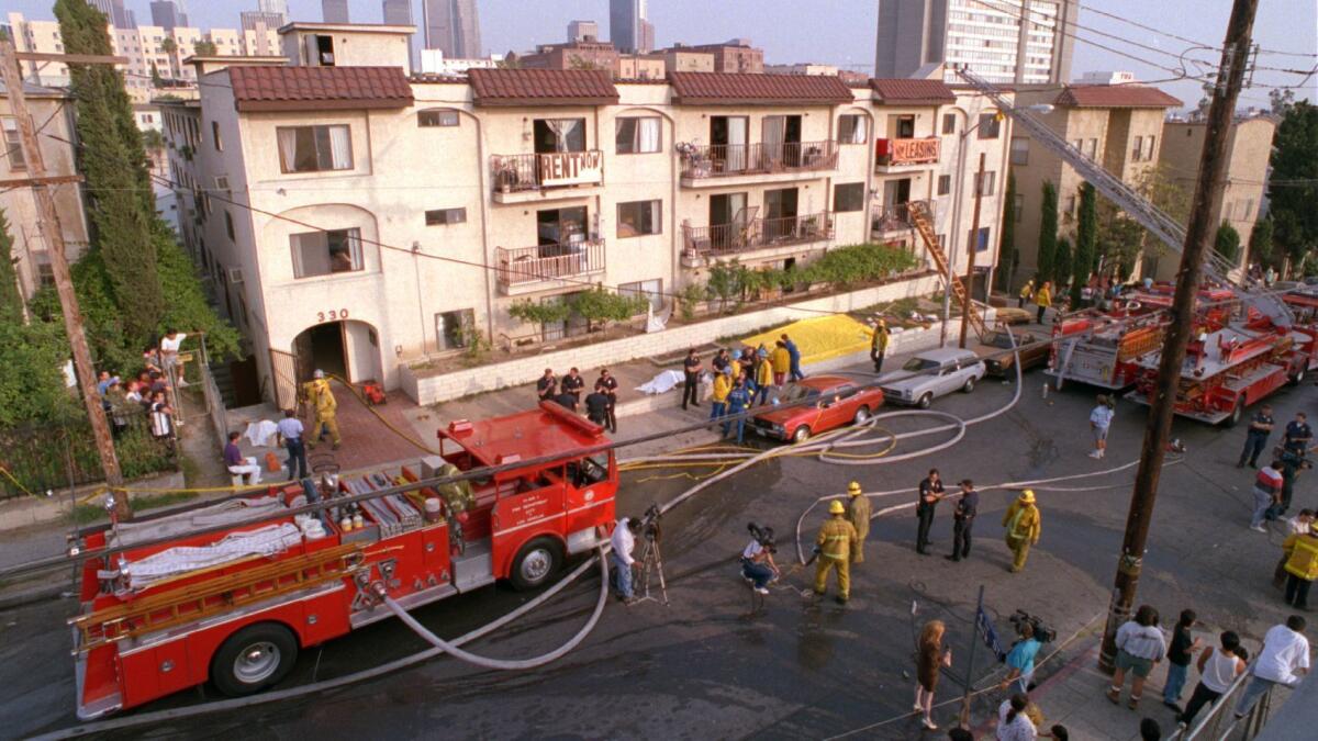 The scene of the 1993 Westlake apartment fire that left 10 people dead. Gang members Ramiro Valerio, Joseph Monge and Johanna Lopez were ordered to go to trial, according to news reports.