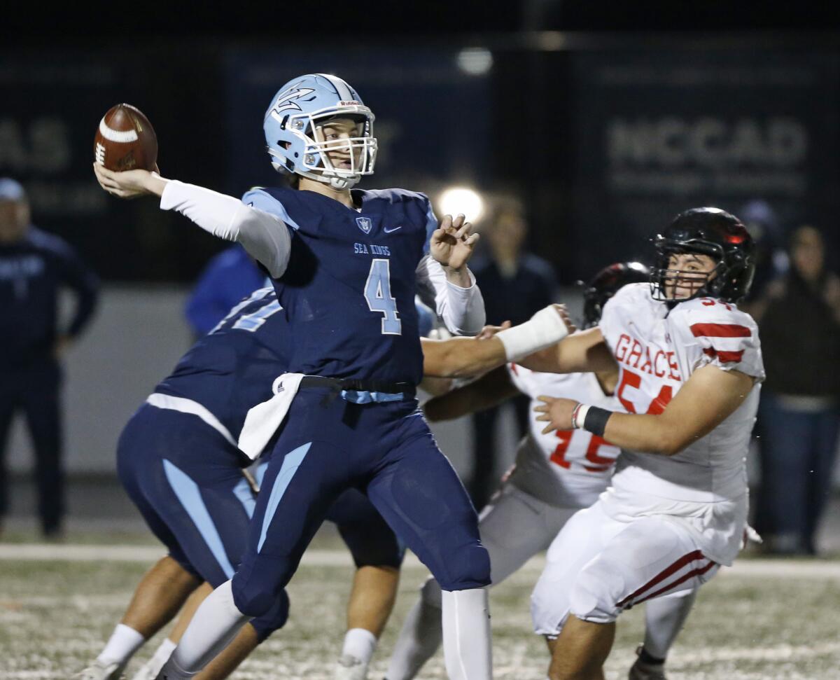 Corona del Mar quarterback Ethan Garbers throws a pass against Grace Brethren in the CIF Southern Section Division 3 title game at Newport Harbor High on Nov. 29, 2019.