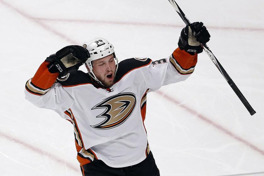 Matt Beleskey celebrates after scoring a goal for the Ducks against the Chicago Blackhawks during Game 4 of the Western Conference finals on May 23.