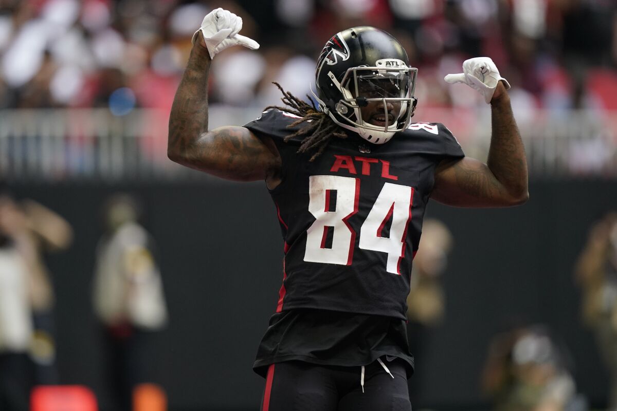 Atlanta Falcons running back Cordarrelle Patterson (84) celebrates his touchdown against the Washington Football Team during the first half of an NFL football game, Sunday, Oct. 3, 2021, in Atlanta. (AP Photo/Brynn Anderson)