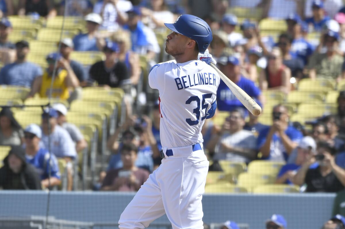 Dodgers center fielder Cody Bellinger hits a grand slam home run during the fifth inning of a 7-4 win over the Colorado Rockies on Sunday.