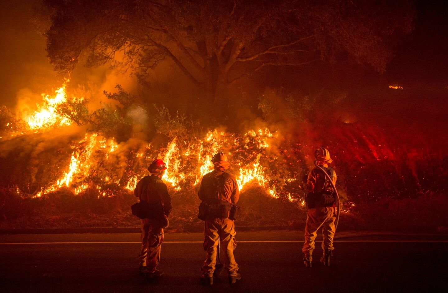 Firefighters monitor flames on the side of a road July 18 near Mariposa, Calif.