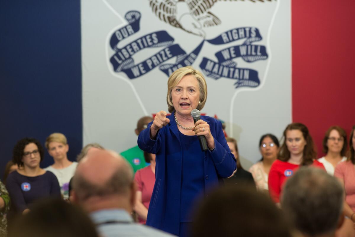Hillary Rodham Clinton addresses supporters at an organizational rally in Iowa City, Iowa.