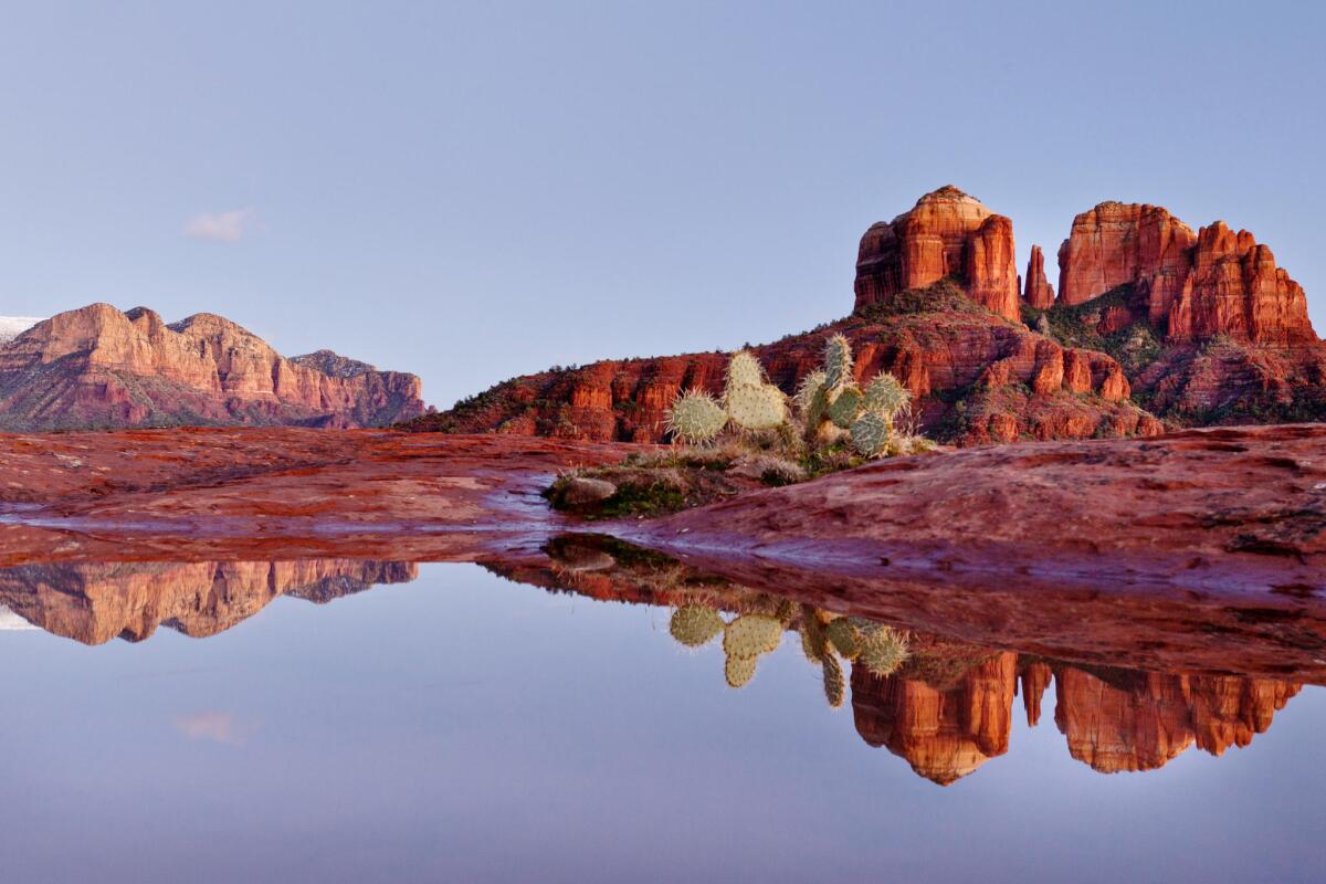 Cathedral rock is reflected in a rain pool.