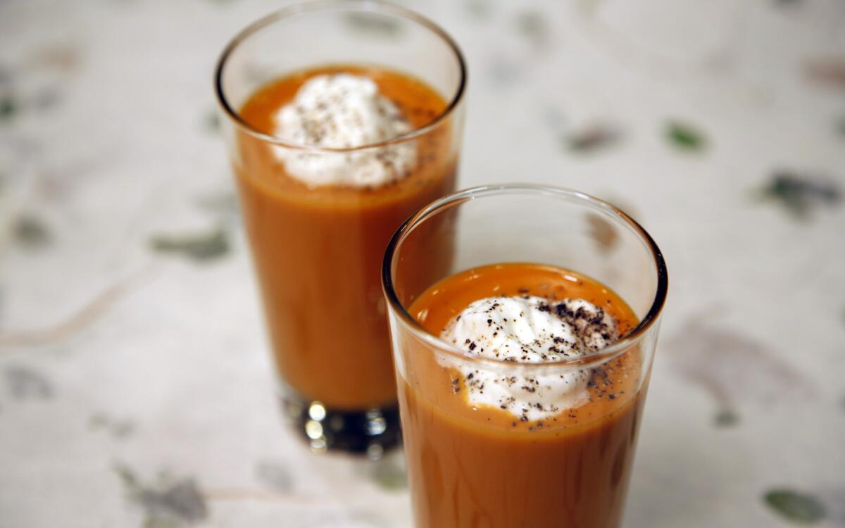 Spicy gazpacho shooter with goat cheese cream