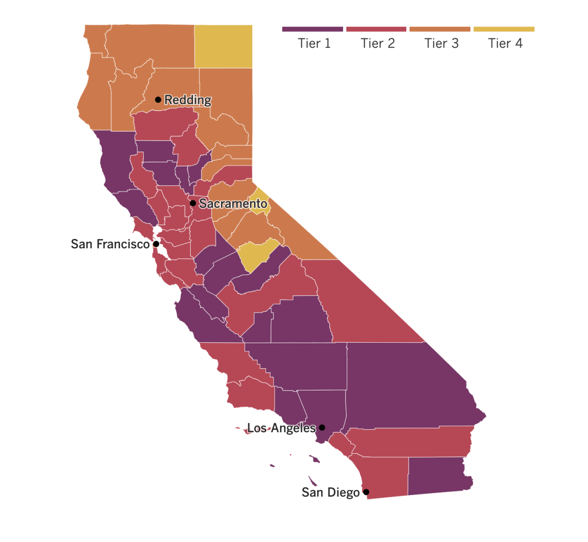 A map of California showing what tiers counties have been assigned based on their local levels of coronavirus risk.