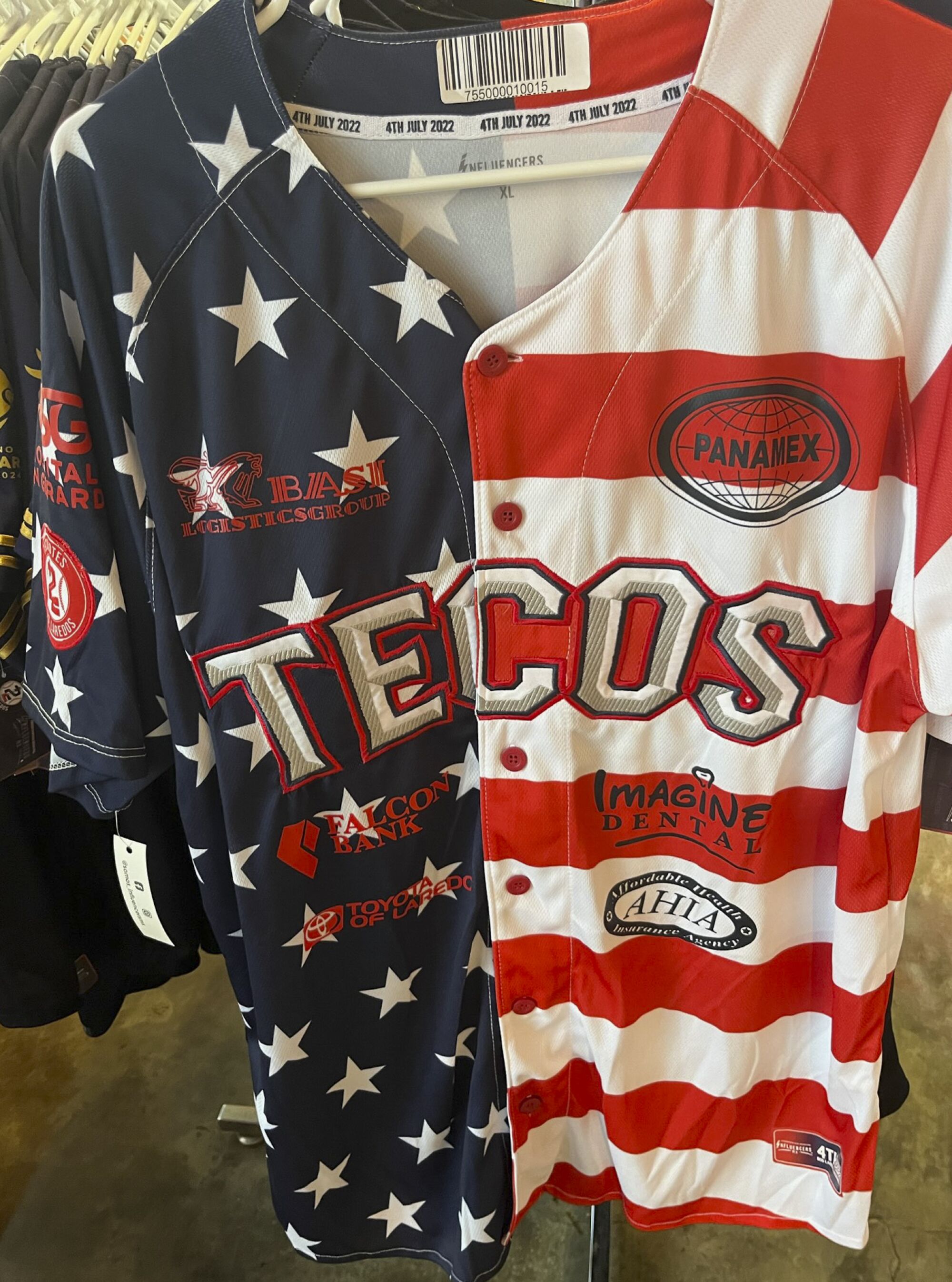 A shirt for sale in the Tecolotes team shop features the colors of the U.S. flag.