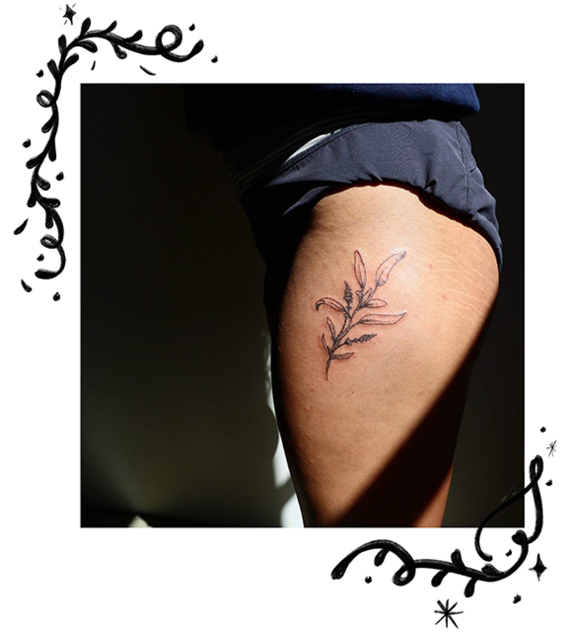 Garden sage and lavender tattoo on a thigh.