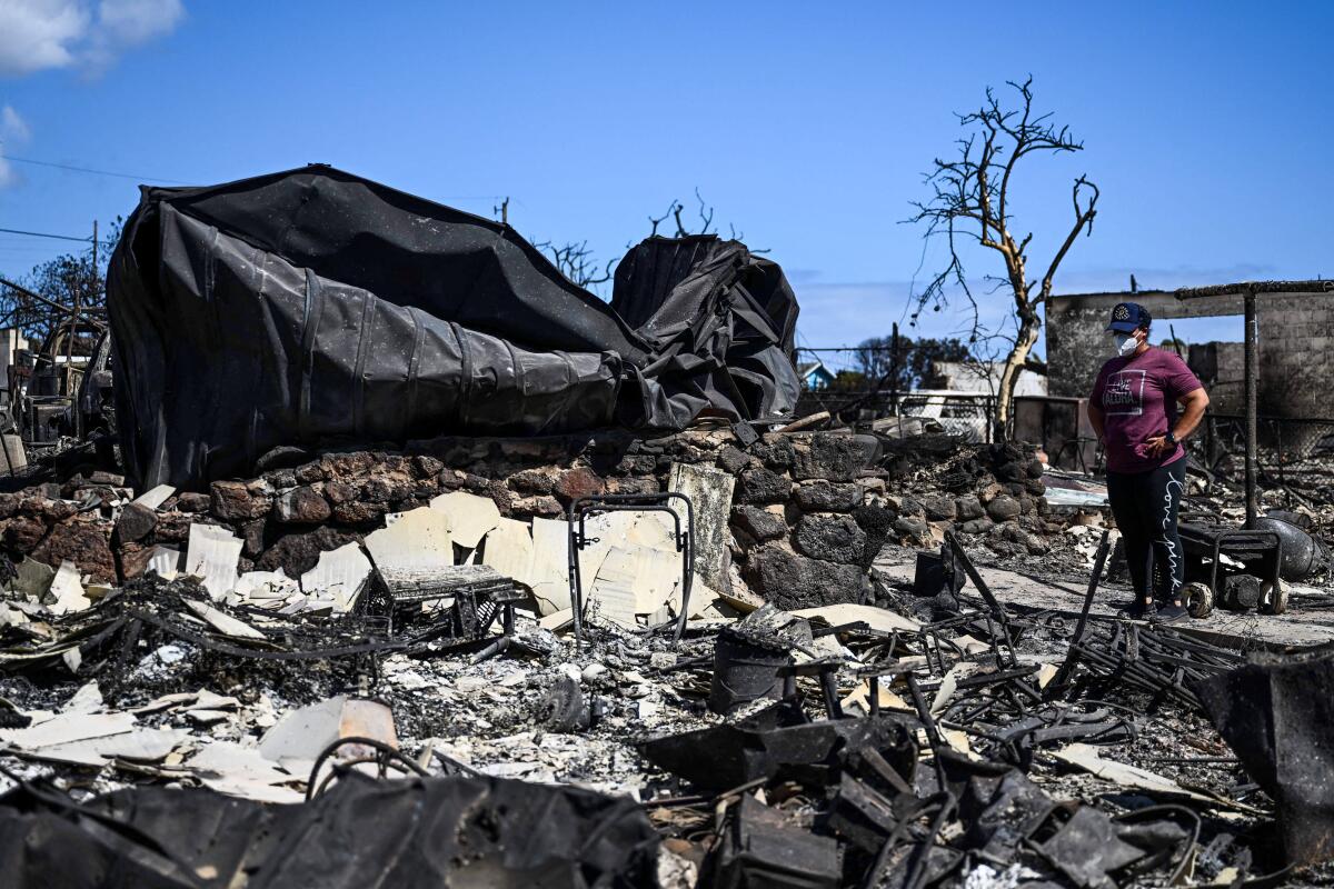 Trixy Nuesca-Ganer looks through the ashes of their family's home in the aftermath of a wildfire in Lahaina