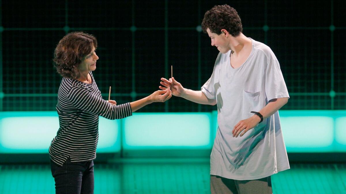Adam Langdon and Felicity Jones Latta in "The Curious Incident of the Dog in the Night-Time." (Kirk McKoy / Los Angeles Times)