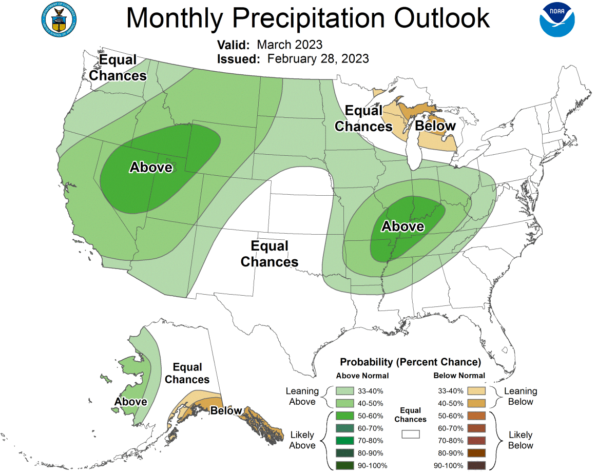 An NOAA outlook map shows above normal chances of precipitation in all of California through March.