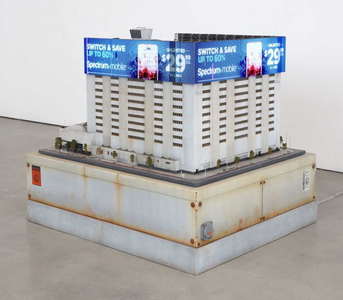 An angled view of Sayre Gomez's scale reproduction of the Reef building