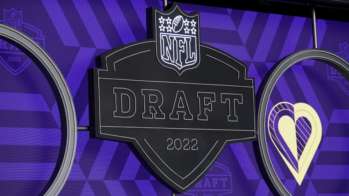 A general view of the NFL draft 2022 logo in the NFL Draft Theater in Las Vegas.