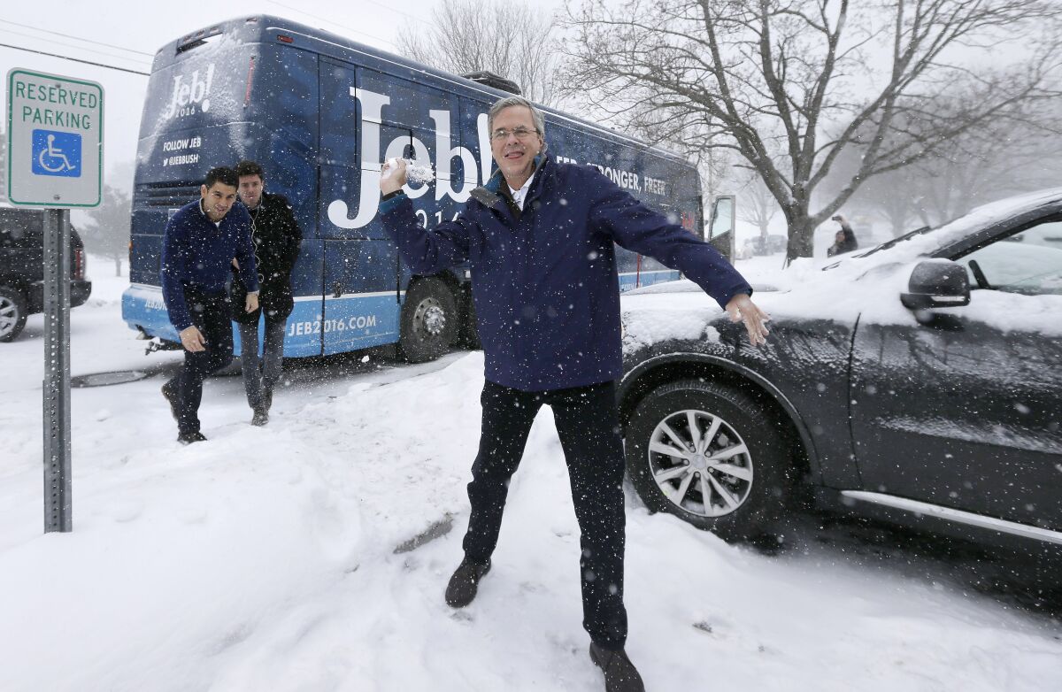 Republican presidential candidate former Gov. Jeb Bush of Florida throws a snowball in February 2016 in Nashua, N.H. 