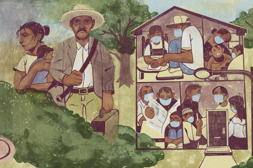 Illustration of people filling a house in middle. Left: a man with luggage and woman and child. Right: homes behind a fence