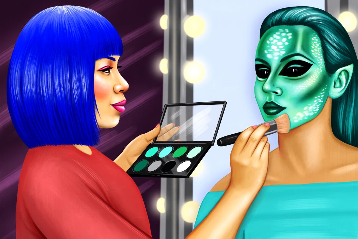 An illustration of a  makeup artist putting makeup on a woman to make her look like a green alien.