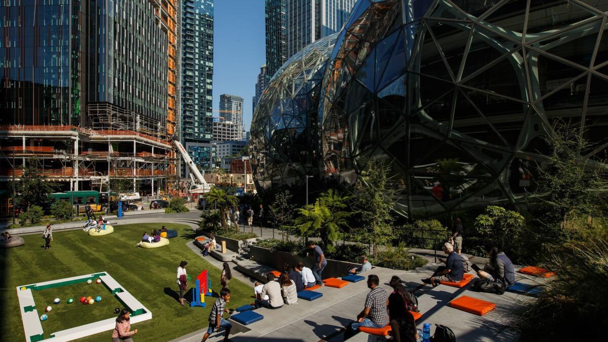 A view of downtown Seattle near the Amazon Spheres.