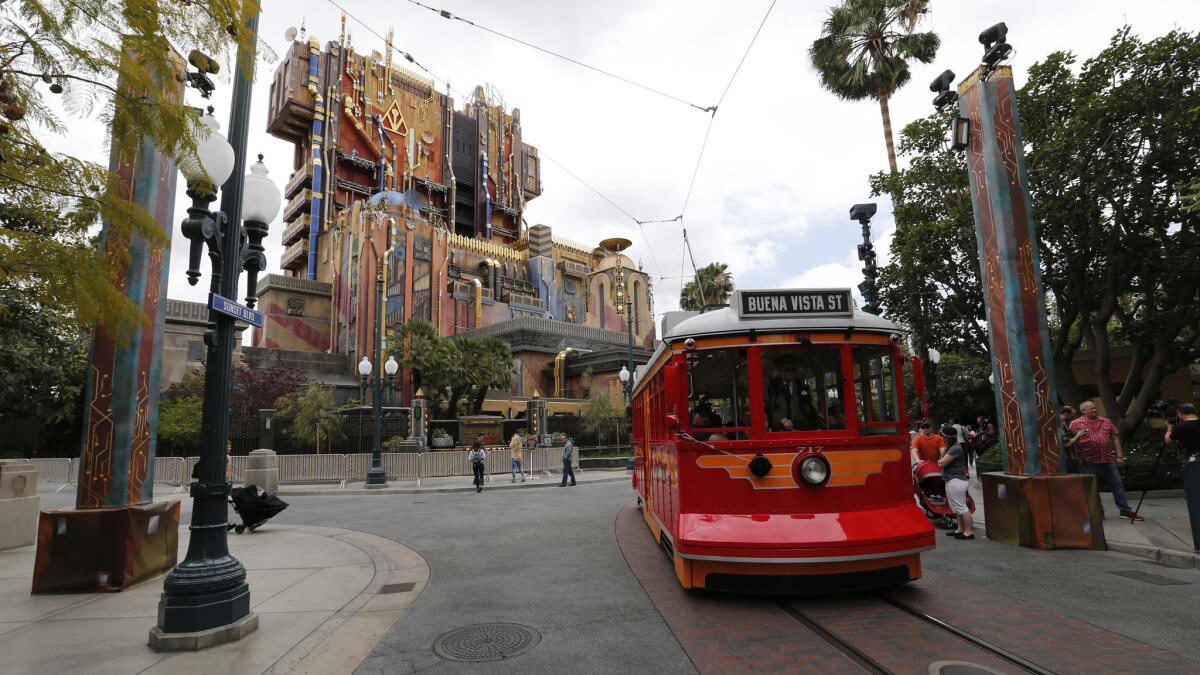 Exterior view of the Guardians of the Galaxy: Mission Breakout ride in Anaheim.
