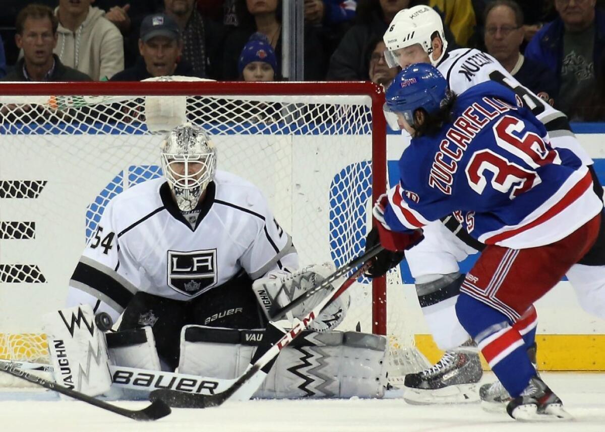 Kings goalie Ben Scrivens faces the New York Rangers' Mats Zuccarello.