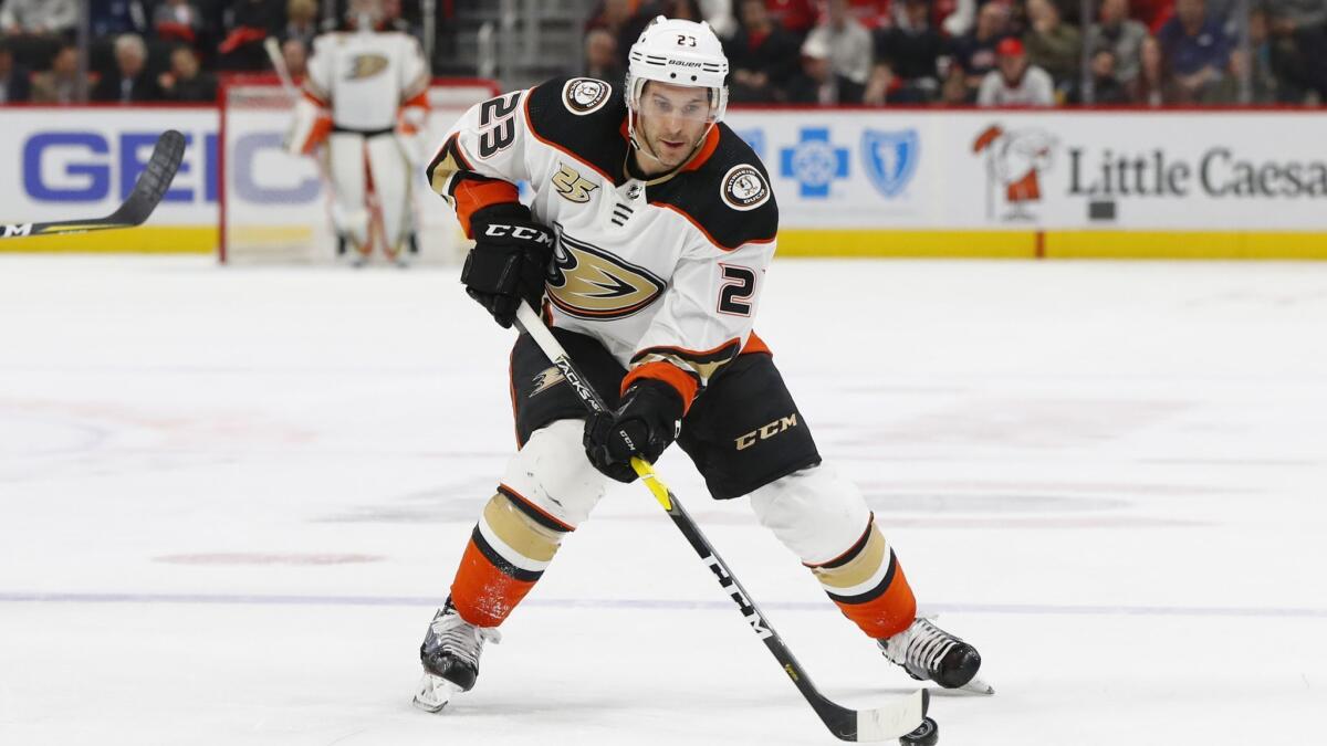 Anaheim Ducks forward Brian Gibbons controls the puck during a game against the Detroit Red Wings on Jan. 15.