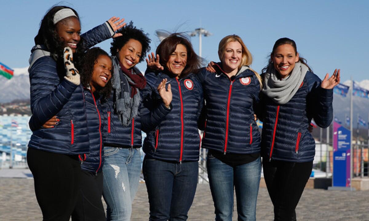 American bobsledders (from left to right) Aja Evans, Lauryn Williams, Jazmine Fenlator, Elana Meyers, Jamie Greubel and Lolo Jones hope to make a lasting impression at the Sochi Winter Olympic Games.