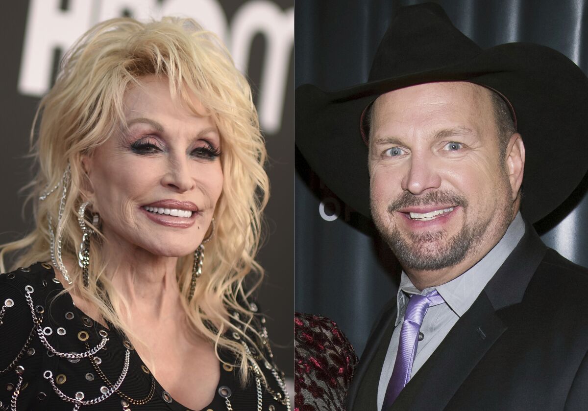 Dolly Parton appears at the Rock & Roll Hall of Fame Induction Ceremony in Los Angeles on Nov. 5, 2022, left, and Garth Brooks appears at the George H.W. Bush Points of Light Awards Gala in New York on Sept. 26, 2019. Parton and Brooks will host the ACM Awards in May. (AP Photo)