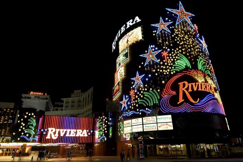 The Riviera Hotel & Casino on its last day of operation on May 3 in Las Vegas. The Las Vegas Convention and Visitors Authority purchased the 60-year-old property and plans to demolish it.