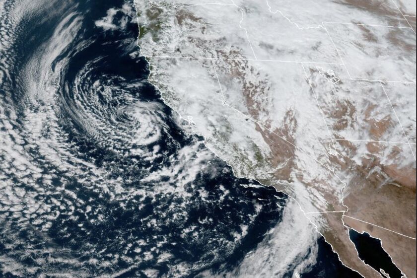 Satellite image shows a Geo Color image of the weather pattern approaching the west coast on Wednesday, March 29, 2023.