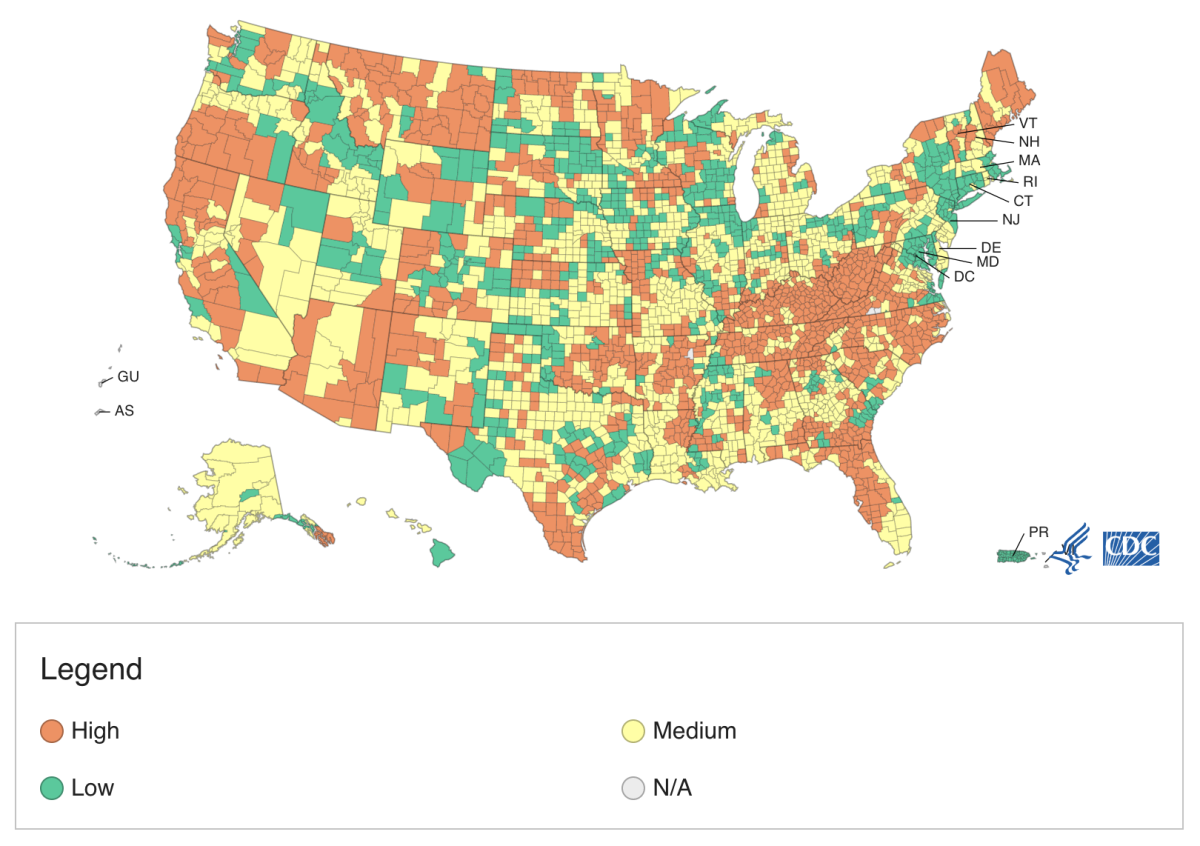 A map of the U.S. with counties delineated and a legend that says "High, medium, low, N/A."