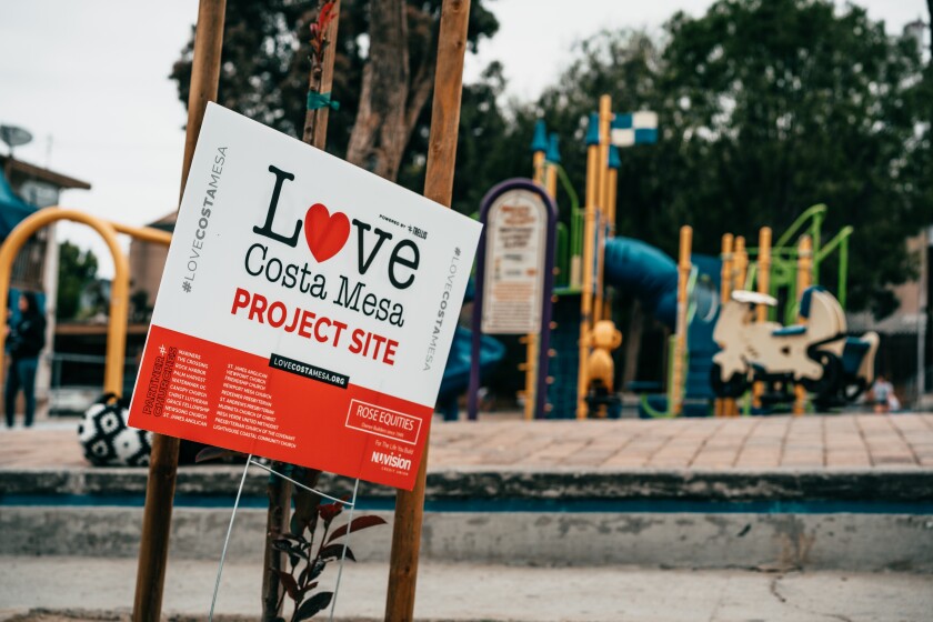 A sign at Costa Mesa's TeWinkle Park in May 2021 advertises a beautification project spearheaded under Love Costa Mesa.