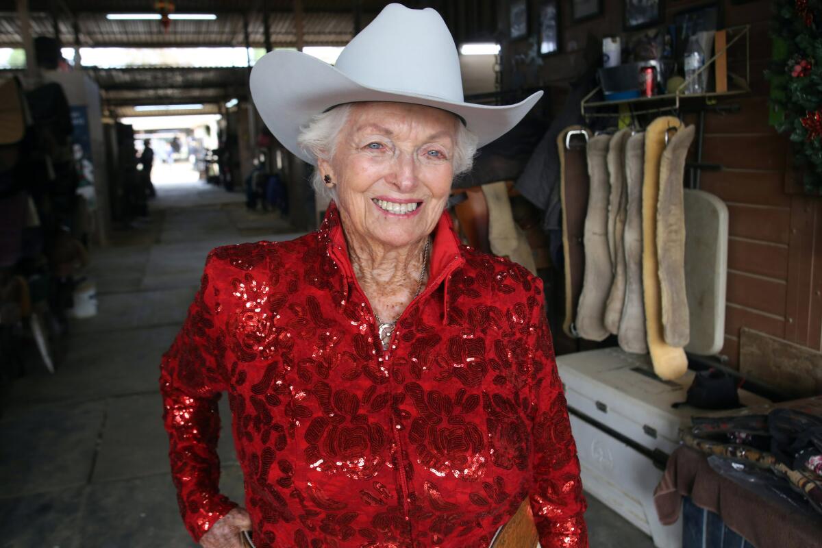Pat North Ommert, a 90 -year-old rodeo rider, at the Los Angeles Equestrian Center in Burbank, Calif. on Wednesday, Dec. 18, 2019.