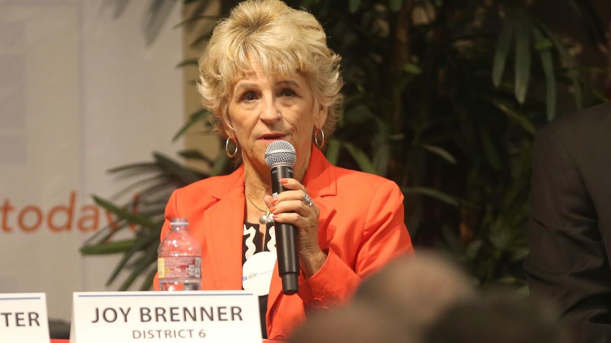 Candidate Joy Brenner makes a comment during a Newport Beach City Council candidate forums at the Newport Beach Central Library.