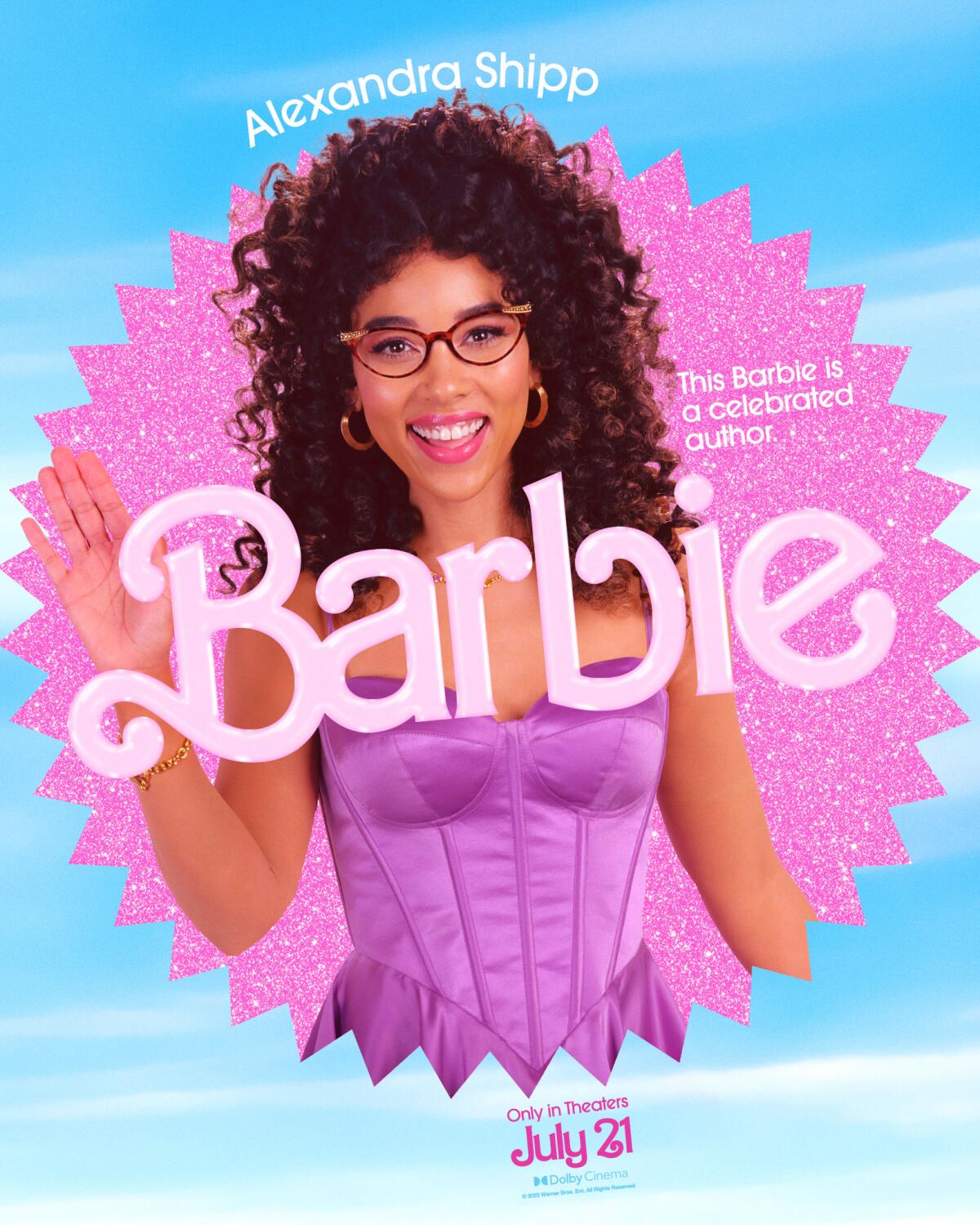 Alexandra Shipp smiles and waves in a "Barbie" movie poster. She wears a purple outfit.