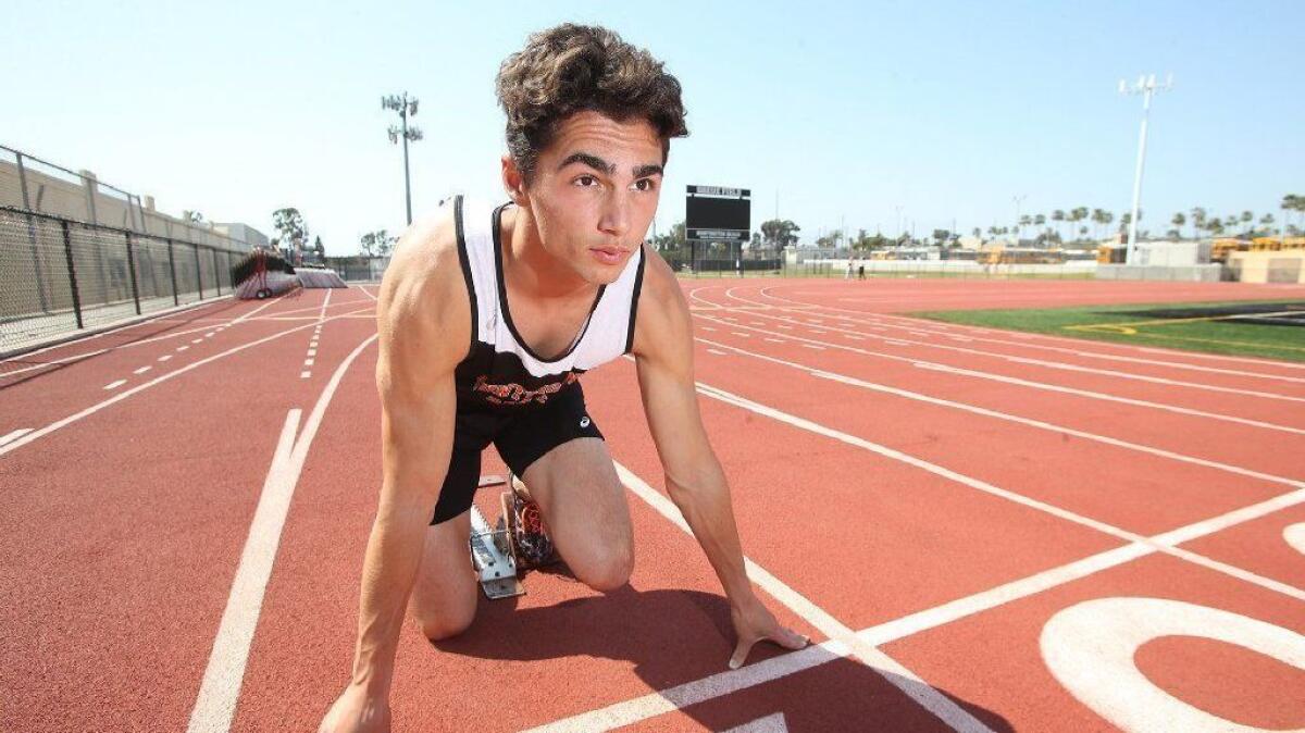 Huntington Beach senior track athlete Dylan Plantinga won the 200- and 400-meter races in the Beach Cities Invitational on March 23.