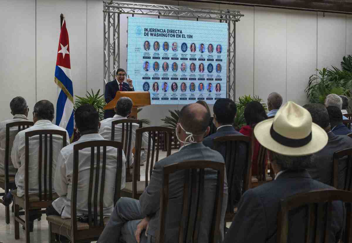 Cuban Foreign Minister Bruno Rodriguez speaks to foreign diplomats in Havana, Cuba, Wednesday, Nov. 10, 2021. The Cuban Foreign Ministry summoned hundreds of foreign diplomats to a meeting and accused the U.S. government of instigating a planned opposition demonstration that local authorities have banned. (AP Photo/Ramon Espinosa)