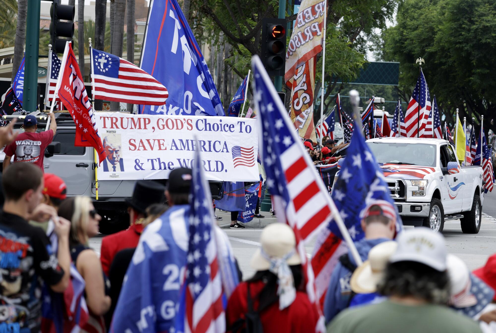 Supporters of former President Trump gathered outside the site for the California Republican Convention in Anaheim.