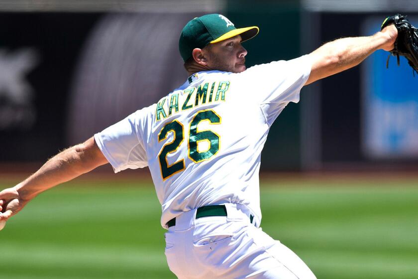 Oakland Athletics pitcher Scott Kazmir pitches against the Los Angeles Angels of Anaheim during the first inning on Sunday.